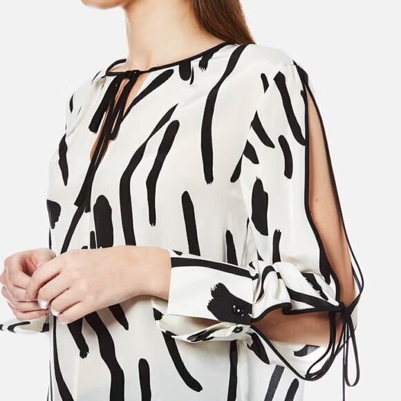 Diane Von Furstenberg Printed Silk Slit Sleeve Tie Neck Blouse Black/White Sz 2 - Picture 2 of 12